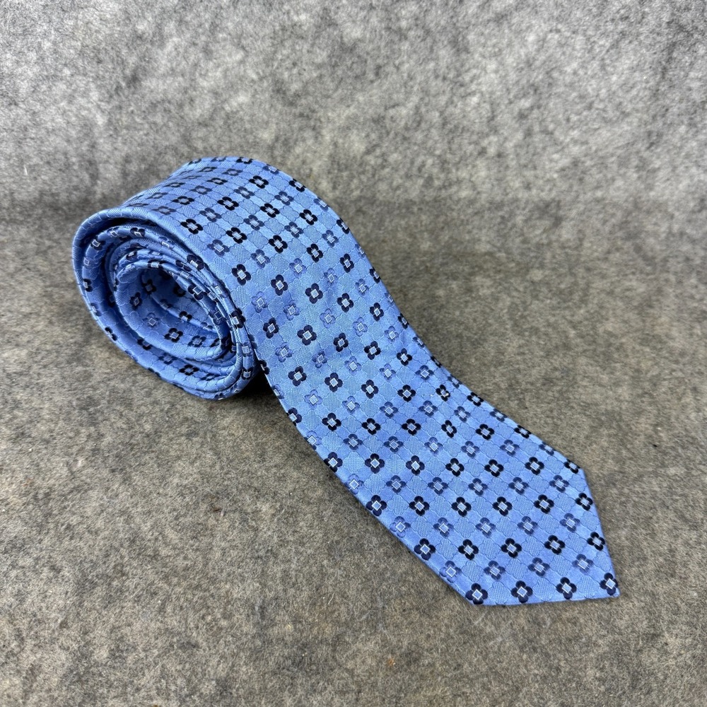 DUCHAMP London Blue Geometric Quatrefoil Silk Tie ENGLAND HANDMADE 58"/ 3" EC‎